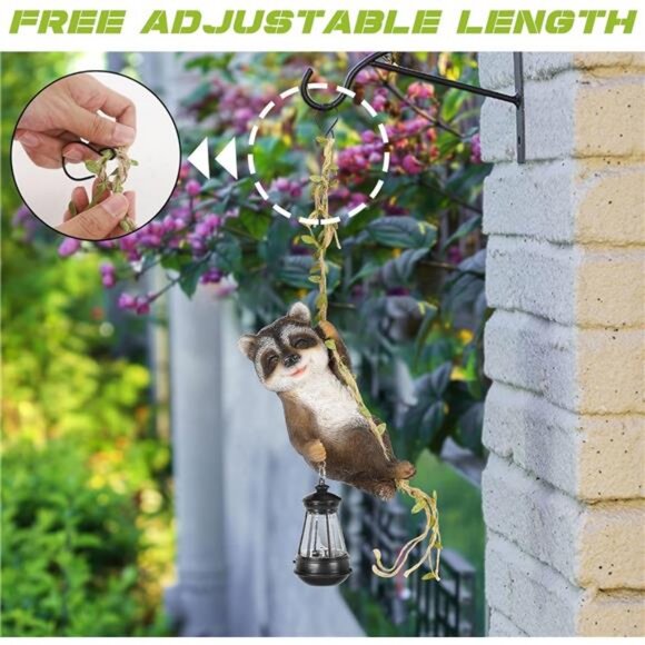 1 Pack Solar Light Statues, 6.5"H Resin Raccoon Climbing On A 23.6"L Vine - Picture 3 of 8